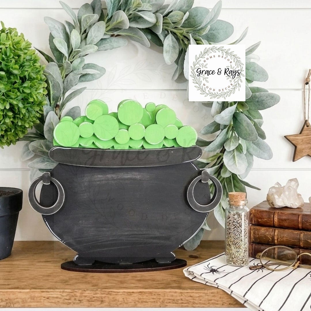 Cauldron Stack Halloween Witch Wood Cauldron Shelf Sitter, Halloween Home Decor ...