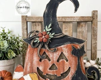 Sombrero de bruja Jack O' Lantern, adorno de madera de gato negro con forma de calabaza para estante de Halloween