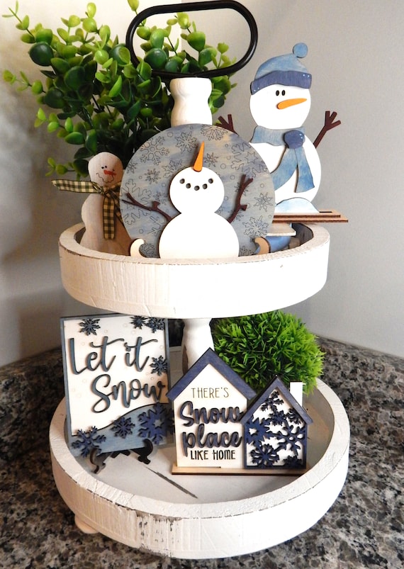 Snowman tiered tray set, Winter tiered tray, Snowman decor, Let it snow decor, Let it snow sign, Winter decor, No place like home, wood sign