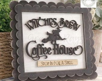 Halloween Witches Brew Coffee Bar Wood Sign, Farmhouse Halloween Witch Sign, Wood Witch Decor, Coffee Bar Sign, Halloween Shelf Sitter Sign