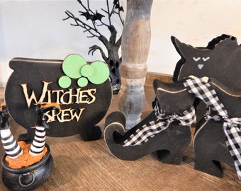 Halloween Tiered Tray Decor, Witch, Cauldron, Cat, and Boo Town Arrows