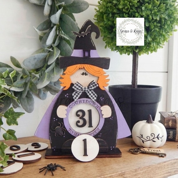 Witch Halloween Countdown, Countdown to Halloween Sign, Witch Shelf Sitter, Halloween Numbers Included, Wood Halloween Countdown, 6x8.5
