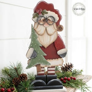 Standing Wood Santa with Tree, Rustic Christmas Shelf Sitter