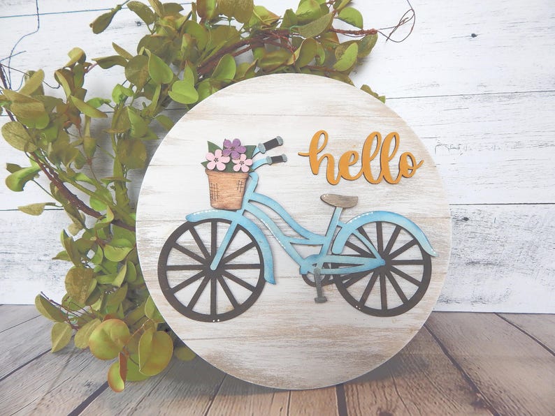 Hello Bicycle Round Wood Sign – Farmhouse Spring Decor, Layered Rustic ...