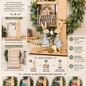 Puede incluir: Decoraci&oacute;n de poste intercambiable con una base de madera e insertos de temporada. La imagen muestra un letrero de madera con el texto "Welcome Friends" y dos figuras de conejitos. Se muestran insertos adicionales para primavera, verano, oto&ntilde;o, Navidad y San Valent&iacute;n.