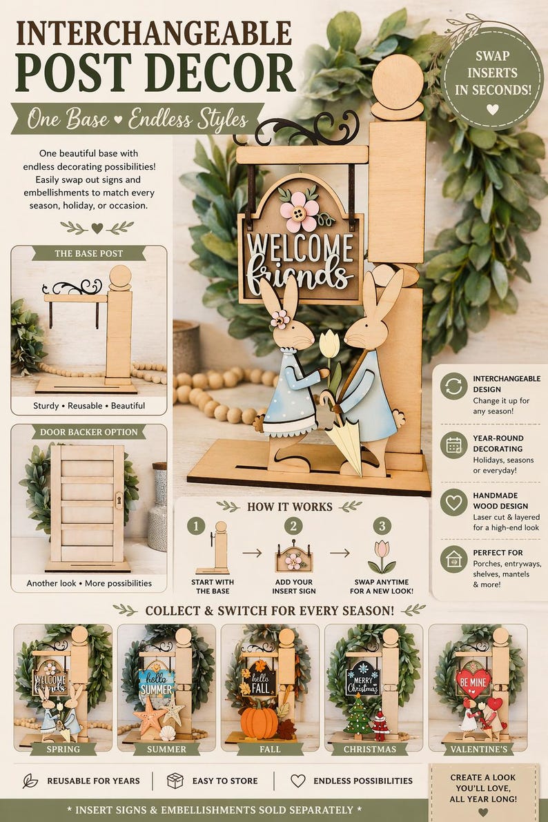 Puede incluir: Decoraci&oacute;n de poste intercambiable con una base de madera e insertos de temporada. La imagen muestra un letrero de madera con el texto "Welcome Friends" y dos figuras de conejitos. Se muestran insertos adicionales para primavera, verano, oto&ntilde;o, Navidad y San Valent&iacute;n.