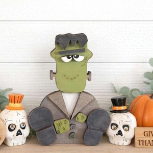Frankenstein wood Halloween Decor, Halloween tiered tray decor