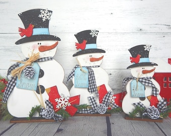 Laser Cut Snowman Wood Decor, Christmas Table Mantle Shelf Decor