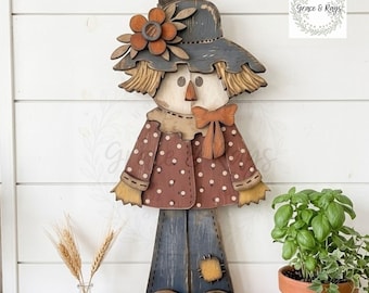 Standing Wood Scarecrow Decor with Flower Hat, Fall Shelf Sitter