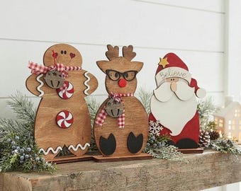 Laser Cut Maple Wood Christmas Decor Set, Santa, Reindeer, Gingerbread Man