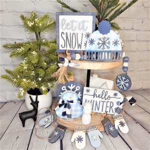let it snow tiered tray set, Snowman tiered tray, Wood snowman, snowflake sign, mitten sign