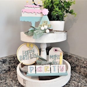 Happy Birthday Tiered Tray Set, Birthday Decor, Birthday Sign, Birthday