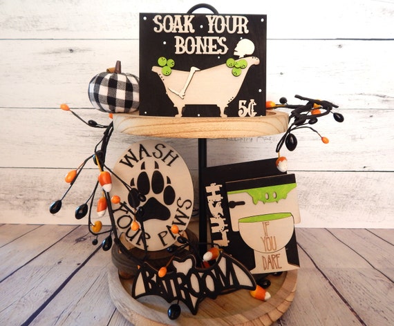 Halloween Bathroom tiered tray and signs | bathroom decor for Halloween | Halloween decor | Halloween tiered tray decor set | Spooky decor