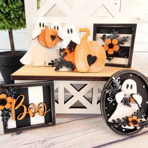 Juego de bandejas escalonadas de fantasmas de Halloween, adornos de fantasmas para estantes, decoración rústica de Halloween, decoración de mesa de fantasmas de madera, decoración de Halloween de calabazas de madera con fantasmas imagen 3