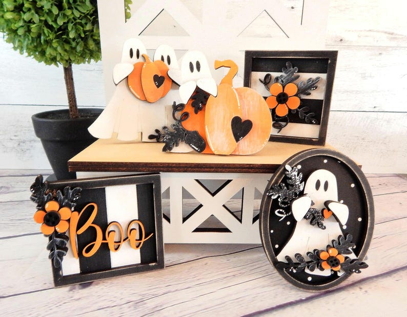 Juego de bandejas escalonadas de fantasmas de Halloween, adornos de fantasmas para estantes, decoración rústica de Halloween, decoración de mesa de fantasmas de madera, decoración de Halloween de calabazas de madera con fantasmas imagen 3
