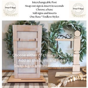 Puede incluir: Se muestran dos postes de letreros de madera intercambiables. Uno es un marco de puerta, el otro un poste decorativo. El texto dice "Interchangeable Post" y "Choose a base". Los letreros y las inserciones se pueden intercambiar. El logotipo de Grace & Rays est&aacute; arriba a la izquierda y a la derecha.