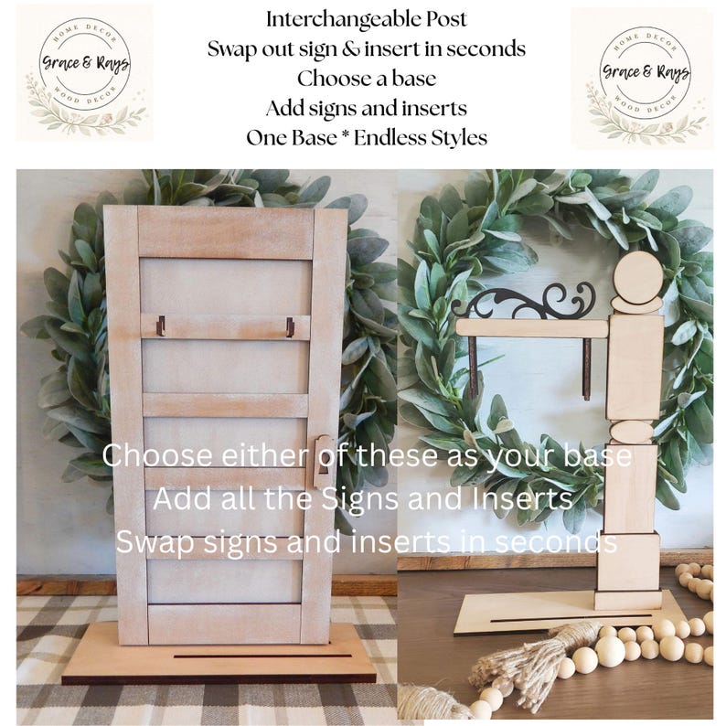 Puede incluir: Se muestran dos postes de letreros de madera intercambiables. Uno es un marco de puerta, el otro un poste decorativo. El texto dice "Interchangeable Post" y "Choose a base". Los letreros y las inserciones se pueden intercambiar. El logotipo de Grace & Rays est&aacute; arriba a la izquierda y a la derecha.