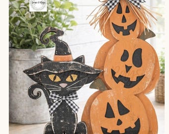 Black Cat Stacked Pumpkin Shelf Sitter Halloween Wood Decor Jack O Lantern Buffalo Check Witch Hat Farmhouse Halloween Sign Pumpkin Sitter