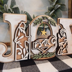 JOY Nativity wood sitter, Manger scene decor, Christmas decor