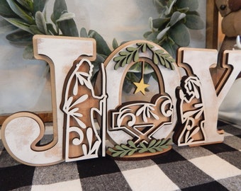 JOY Nativity wood sitter, Manger scene decor, Christmas decor