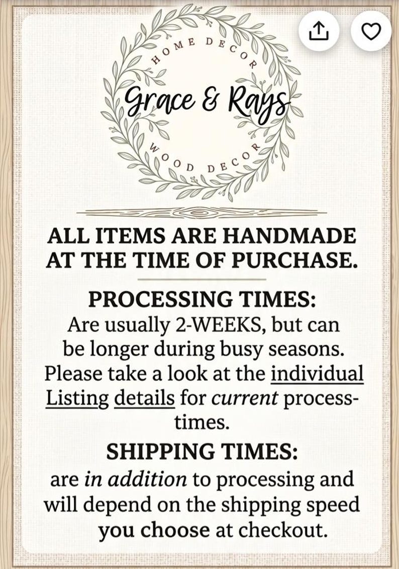 May include: A white informational sign with a black border and a wood-grain frame. At the top is a circular logo with leaves and the text Grace & Rays Home Decor Wood Decor. Below, black text states: ALL ITEMS ARE HANDMADE AT THE TIME OF PURCHASE.