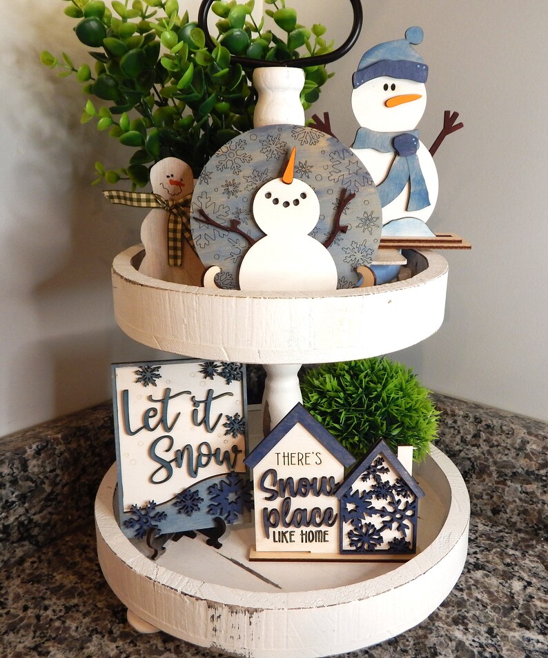 Snowman tiered tray set, Winter tiered tray, Snowman decor, Let it snow decor, Let it snow sign, Winter decor, No place like home, wood sign image 3