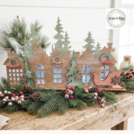 Laser Cut Christmas Village Display, Winter Wonderland Mantle Decor