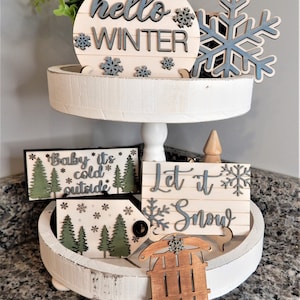 Hello Winter tiered tray set, Winter tiered tray, wood tiered tray decor, snowflake decor, baby it&#39;s cold outside sign, let it snow sign,