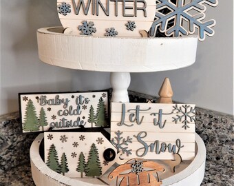 Hello Winter Tiered Tray Decor Set, Snowflake, Sled
