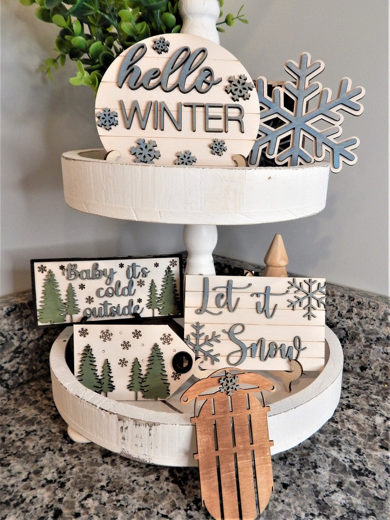 Hello Winter Tiered Tray Set Winter Tiered Tray Wood Tiered Etsy
