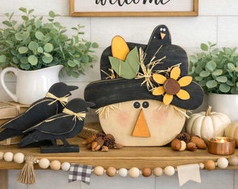 Fall Scarecrow and Crows Set, 3D Wood Tiered Tray Decor