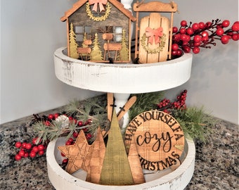 Cozy Christmas tiered tray, Christmas tiered tray décor, Wood Christmas decor, Reindeer decor