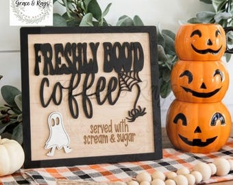 Freshly Boo'd Coffee Halloween coffee bar sign, Halloween wood signs, Halloween coffee bar decor, Farmhouse Halloween Coffee Sign