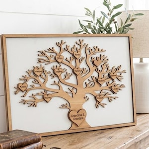 Personalized Wood Family Tree Sign, Engraved Hearts, White Stained Brown Decor