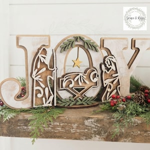 JOY Nativity wood sitter, Manger scene decor, Christmas decor