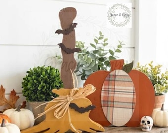 Halloween Wood Witch broom and Pumpkin Set, Witch Broom Shelf Sitter