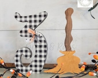 Handcrafted Halloween Wood 31 Broom Shelf Sitter, Farmhouse Decor, Buffalo Check Witch Broom