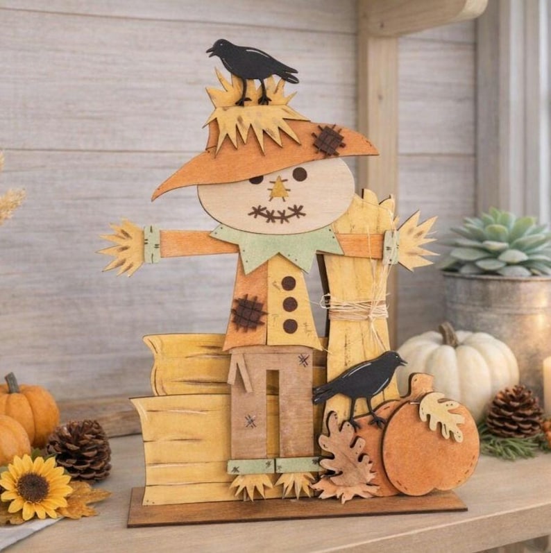 May include: Wooden scarecrow decoration with a straw hat, arms, and a fence. The scarecrow has a smiling face and is adorned with patches and buttons. Two black crows perch on the scarecrow and pumpkin. A fall-themed decorative item.