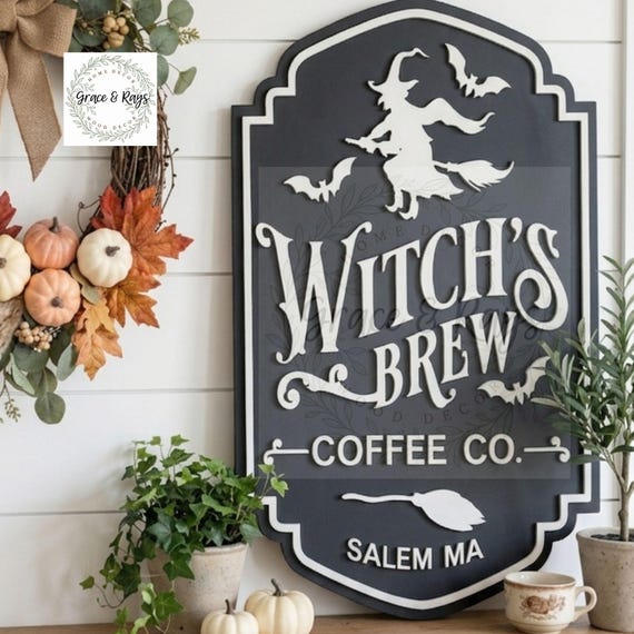 Witch’s Brew Coffee Sign  Halloween Kitchen Decor  Salem Witch Decor Spooky Coffee Bar Sign  Handmade Wooden Halloween Wall Art   Fall Sign
