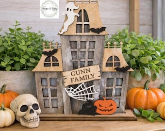 Personalized Haunted House Shelf Sitter Custom Family Halloween Sign Halloween House Decor Laser Wood Halloween Sign 10x12 Halloween Decor