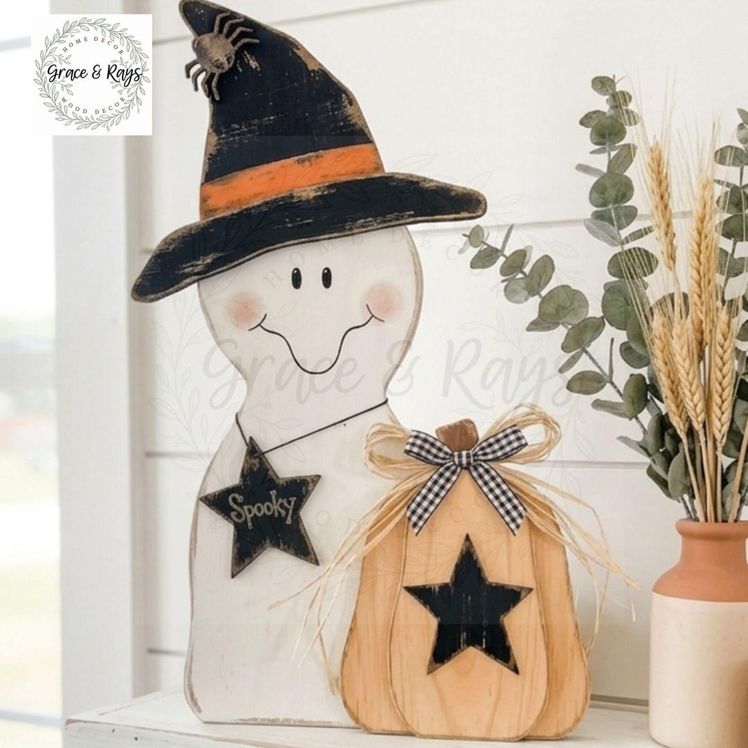 Ghost & Pumpkin Halloween Shelf Sitter | Wood Decor 8.5 X 15 - Etsy