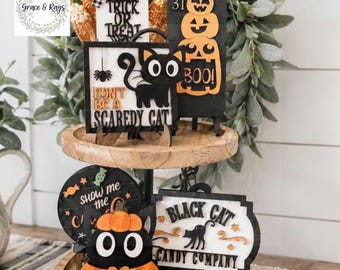 Halloween Black Cat Tiered Tray Decor Set, Halloween shelf sitter wood decor, Fall Decor for home, Halloween Candy Sign