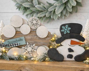 Winter snowman and snowball bucket, Winter tiered tray decor, Snowman tiered tray decor, Snowman decor, Coffee bar winter decor, Snowman