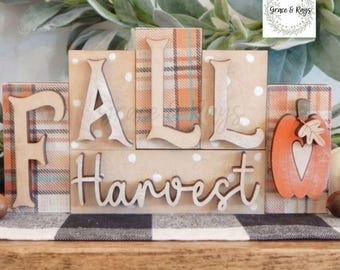 Fall Harvest word block shelf sitter, Fall tiered tray decor, Thanksgiving home decor, Fall home decor, farmhouse wood fall decor