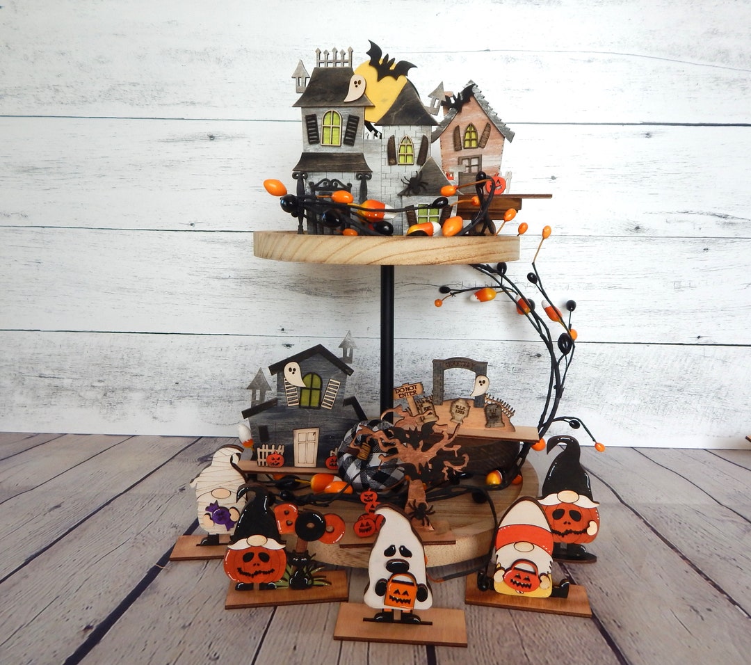 Halloween Haunted House Tiered Tray Set, Halloween Haunted House Mantle