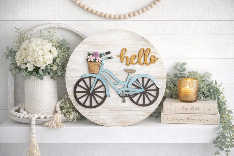 Hello Bicycle Round Wood Sign – Farmhouse Spring Decor, Layered Rustic ...