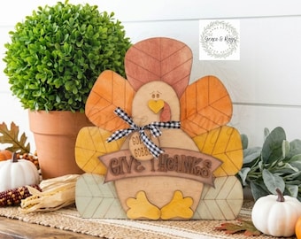 Thanksgiving Turkey Shelf Sitter, Give Thanks Wood Sign, Gobble Gobble Decor, Farmhouse Thanksgiving Decor, Turkey Tabletop Decor, 10.5x11