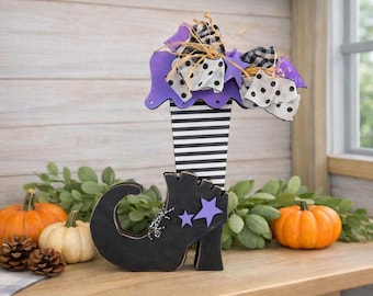 Witch boot Halloween Decor – Striped Wooden Sign with  3D Details –  Wreath, Shelf or Entryway Accent, Halloween Home Decor, Witch Decor