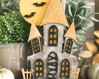 Layered Haunted House, Spooky Halloween Table Sitter, Maple Wood haunted house, Halloween Farmhouse shelf sitter, Spooky entryway table deco