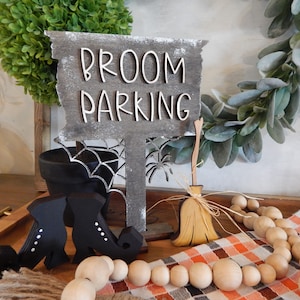 Broom Parking wood sign with wood broom and Witch boots, Halloween decor, Witch decor for Halloween